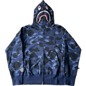 BAPE Color Camo Shark WGM Hoodie Sweatshirt Navy Blue | A Bathing Ape LG ( EUC)